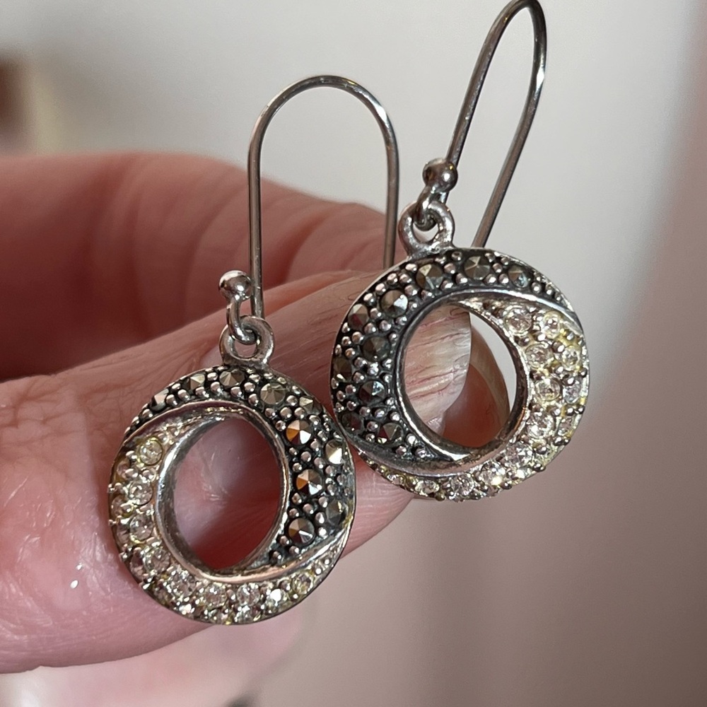 Vintage 1980's 90's sterling silver marcasite CZ art deco Yin Yang earrings